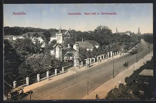 AK Berlin-Neukölln, Hasenheide, Gasthaus Neue Welt und Jahnturnplatz, Strassenbahn