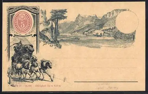 Lithographie Schweizer Postkutsche, Idyllische Berglandschaft