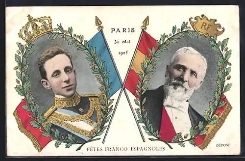 AK Portrait König Alfons von Spanien, Paris 30. Mai 1905, Fetes Franco Espagnoles