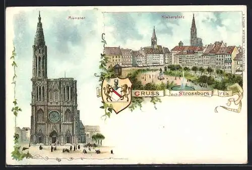 Lithographie Strassburg i/Els, Münster und Kleberplatz