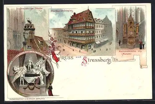 Lithographie Strassburg, Strassburger Störche, Altes Haus am Domplatz, Astronomische Uhr im Münster