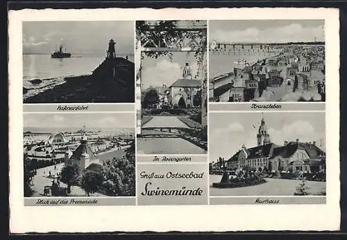 AK Swinemünde, Hafeneinfahrt, Promenade, Kurhaus und Strand