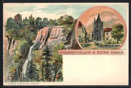 Lithographie Niederhaslach, Teilansicht, Ruine Nideck