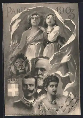 Künstler-AK Paris, Vittorio Emanuele von Italien nebst Gehmalin, Präsident Loubet von Frankreich, Freundschaft