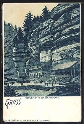 Lithographie Herrnskretschen / Hrensko, Gasthaus in der Edmundsklamm