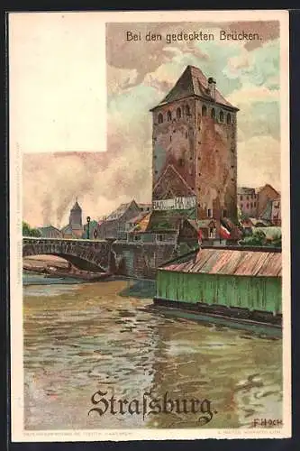 Künstler-AK F. Hoch: Strassburg, Bei gedeckten Brücken, Boote