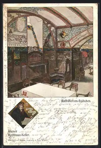 Künstler-AK Wien, Restaurant Wiener Rathaus-Keller, Ratsherren-Stübchen, Innenansicht