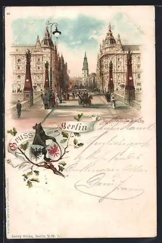 Lithographie Berlin, Kaiser-Wilhelm-Brücke & Kaiser-Wilhelm-Strasse