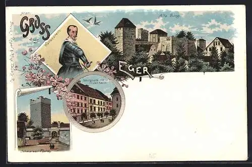 Lithographie Eger, Alte Burg, Wallenstein, Todenhaus von Wallenstein