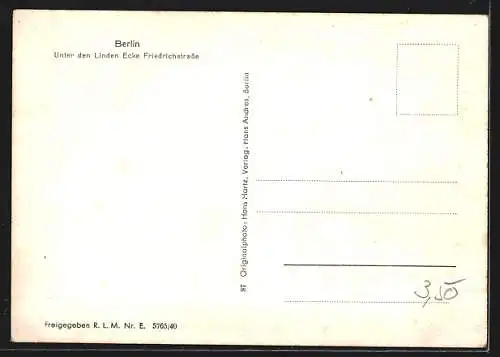AK Berlin, Blick auf Unter den Linden Ecke Friedrichstrasse mit Haus der Schweiz