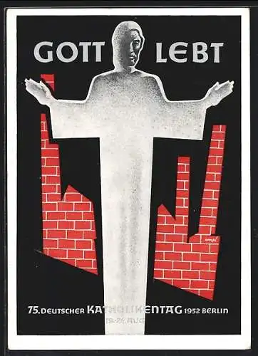 AK Berlin, 75. Deutscher Katholikentag 1952, Jesus-Statue