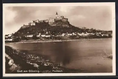 AK Güssing, blick vom Fischteichufer auf den Ort