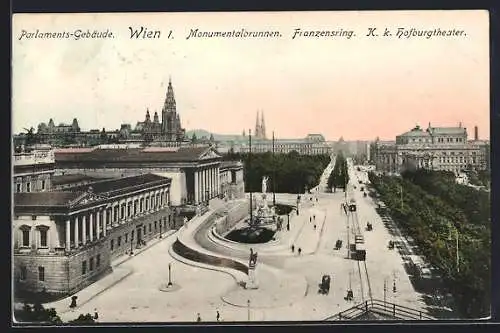 AK Wien, Franzensring mit Strassenbahnen und Monumentalbrunnen aus der Vogelschau, Parlament, Hofburg