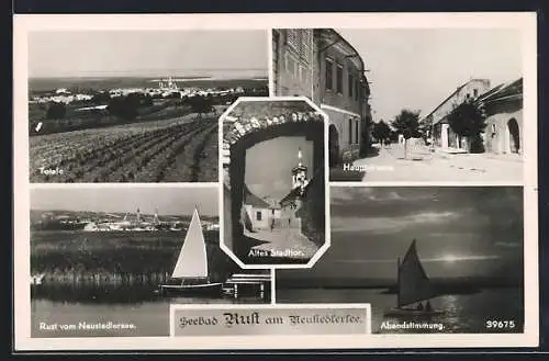 AK Rust am Neusiedlersee, Totalansicht, Hauptstrasse, Ort vom Wasser aus gesehen, Altes Stadttor, Segelboot