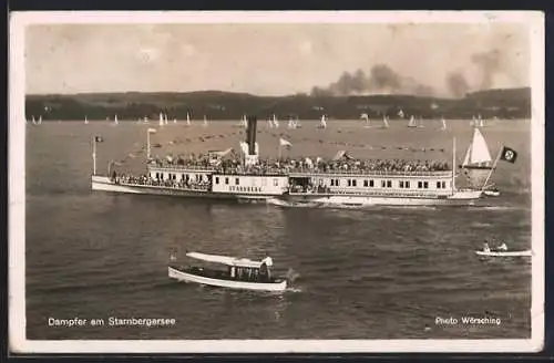 AK Starnberger See, Dampfer Starnberg in Fahrt auf dem See, 