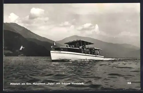 AK Millstatt am See, Motorboot Poto mit Schloss Heroldeck auf dem Millstätter See