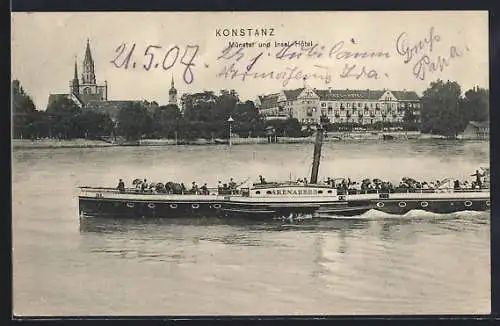 AK Konstanz, Salondampfer Arenaberg, das Münster und das Insel-Hotel vom Bodensee aus gesehen