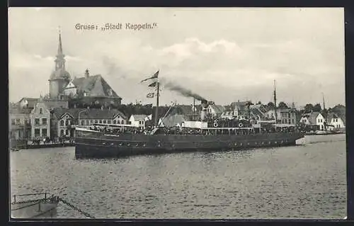 AK Kappeln, Auslaufender Schlei-Dampfer Stadt Kappeln vor Stadtkulisse