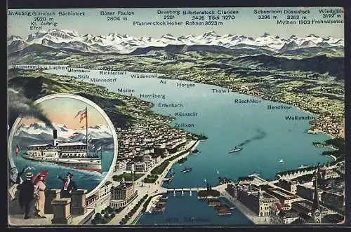 AK Zürich, Salondampfer Helvetia, Totalansicht des Zürichsee mit angrenzenden Ortschaften und den Alpen