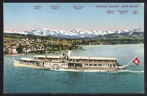 AK Zürichsee-Dampfer Stadt Zürich gegen die Alpen