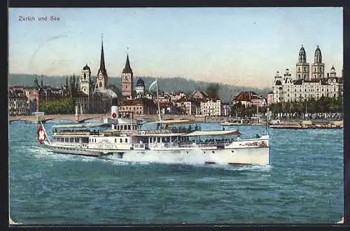 AK Zürich, Binnenschiff Stadt Zürich vor der Stadt