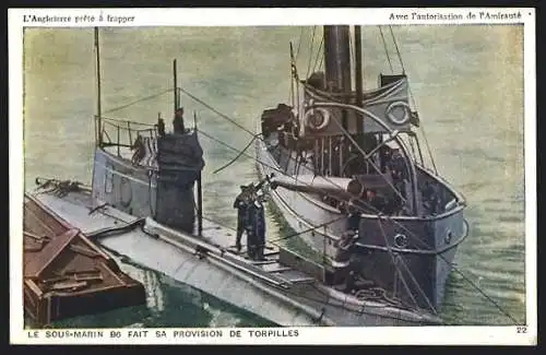 AK Britisches Militär-U-Boot H.M. B6 beim Beladen von Torpedos