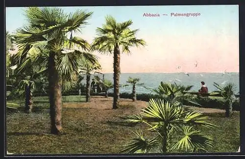 AK Abbazia, Palmengruppe mit Blick aufs Meer