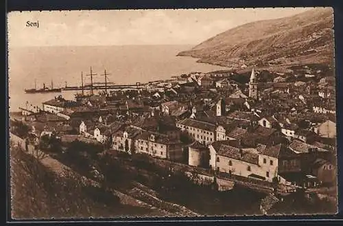 AK Senj, Panorama mit Dampfschiff