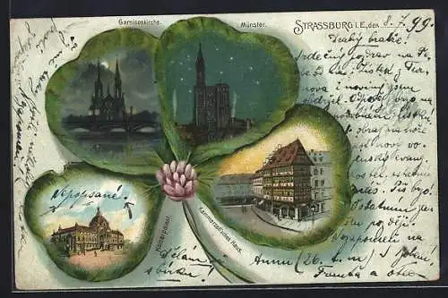 Passepartout-Lithographie Strassburg, Kleeblatt mit Kaiserpalast, Garnisonkirche, Münster und Kammerzell`sches Haus