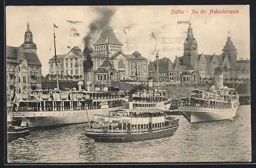 AK Stettin, an der Hakenterrasse, ankommende Fähren