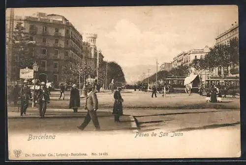 AK Barcelona, Paseo de San Juan, Strassenbahn