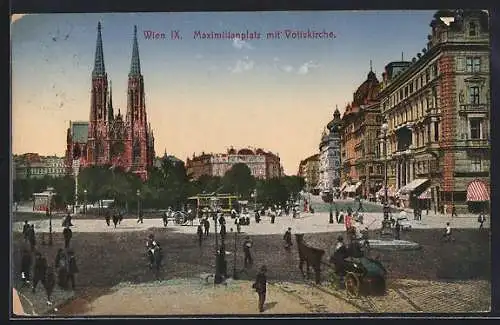 AK Wien, Maximilianplatz mit Votivkirche, Strassenbahn, Pferdegespann