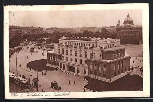 AK Wien I, Verkehrsbüro und Blick zur Karlskirche, eine Strassenbahn