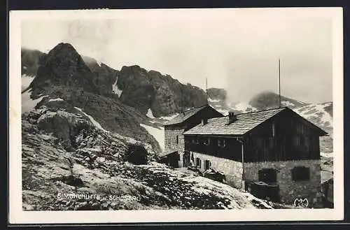 AK Simonyhütte, Blick auf Berghütte und Schöberl