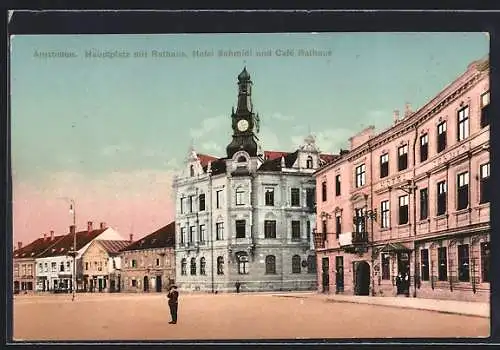 AK Amstetten, Hauptplatz mit Rathaus, Hotel Schmidl und Café Rathaus