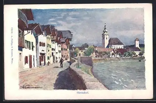 Künstler-AK Oberndorf an der Melk, Partie mit der Kirche