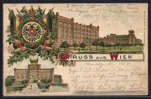 Lithographie Wien, Arsenal, Portal des Arsenals, Wappen