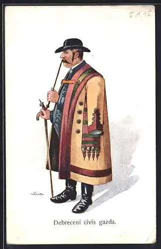 Künstler-AK Ungarischer Herr im Mantel mit Stock und Hut