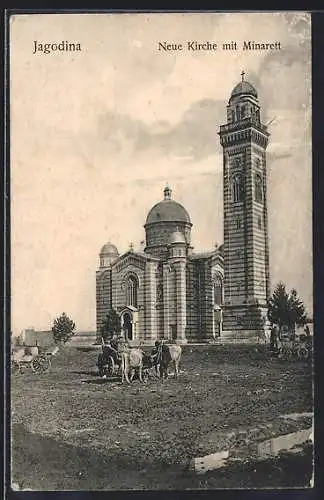 AK Jagodina, Neue Kirche mit Minarett & Kühen