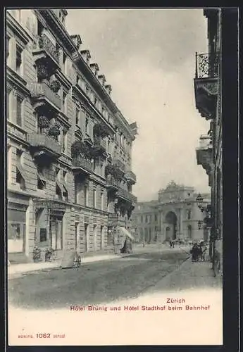 AK Zürich, Hotel Brünig und Hotel Stadthof beim Bahnhof