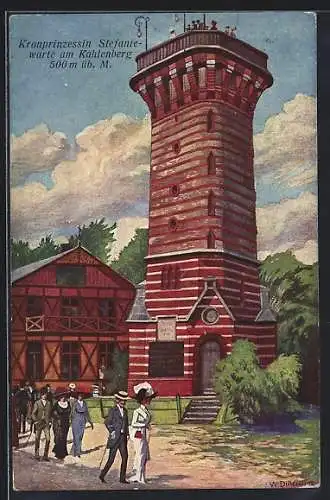 Künstler-AK Wien, Kahlenberg m. Kronprinzessin Stefaniewarte