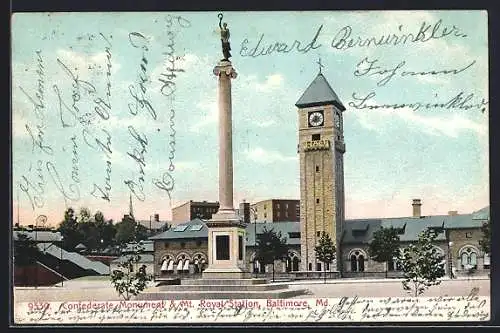 AK Baltimore, MD, Confederate Monument & Mt. Royal Station