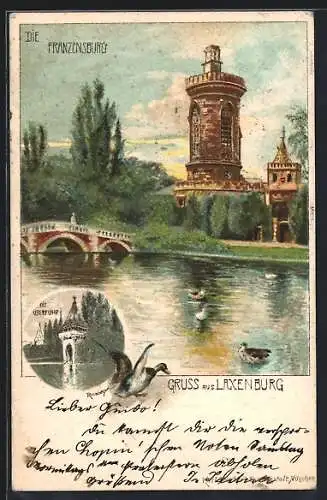 Lithographie Laxenburg, Blick zur Franzensburg, Überfuhr