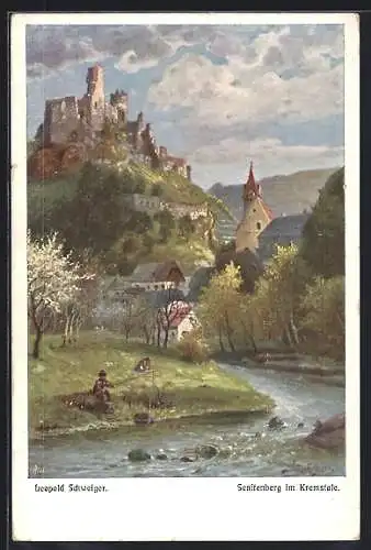 Künstler-AK Leopold Schweiger: Senftenberg i. Kremstale, Idylle mit Fluss und Blick zur Ruine