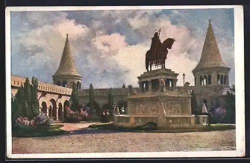 Künstler-AK Budapest, St. Stephans-Monument mit Anlagen