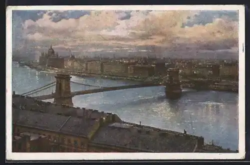 Künstler-AK Budapest, Stadtpanorama mit Kettenbrücke