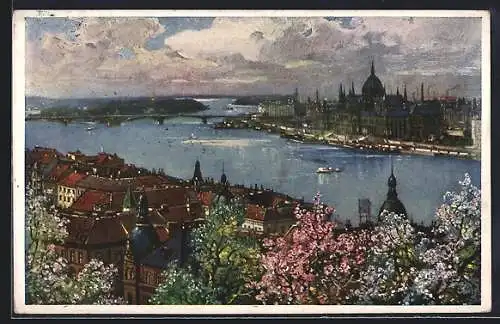 Künstler-AK Budapest, Stadtpanorama im Frühling