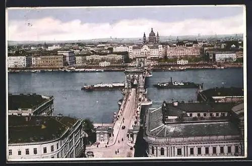 AK Budapest, Stadtpanorama mit Flusspartie und Brücke