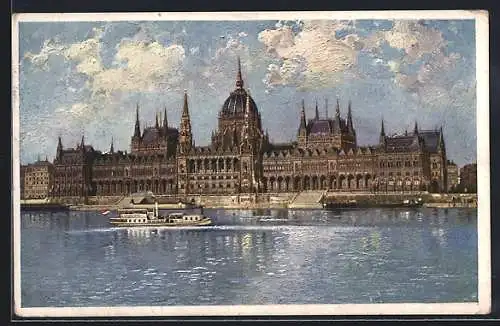 Künstler-AK Budapest, Parlament, im Vordergrund ein Dampfer auf der Donau