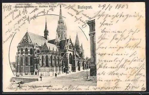 AK Budapest, Mathias-Kirche mit Strassenpartie